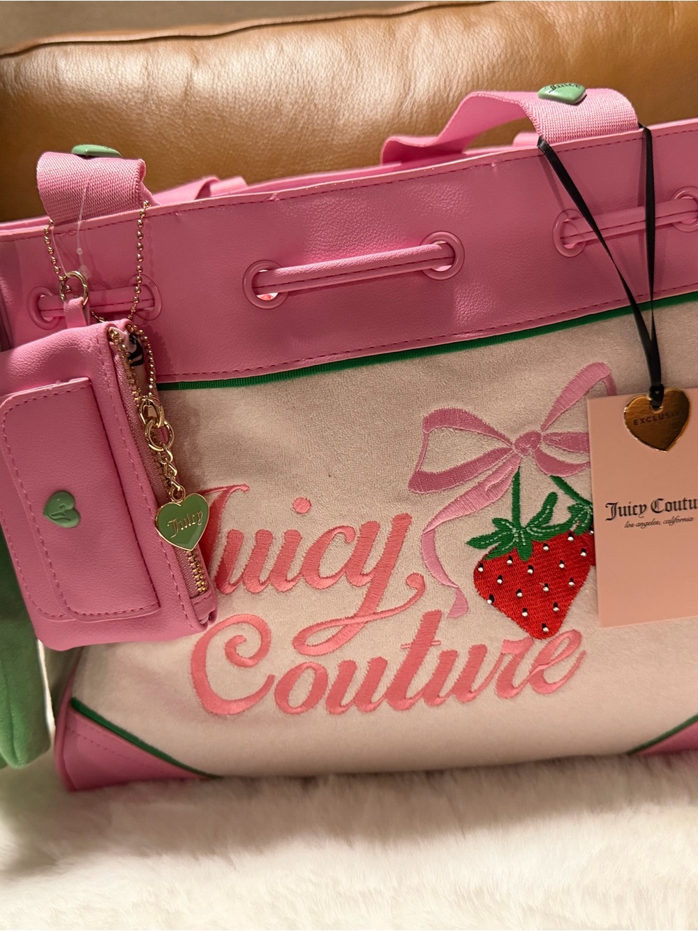 Juicy Couture Pink Strawberry Embroidered Tote with Green Trim